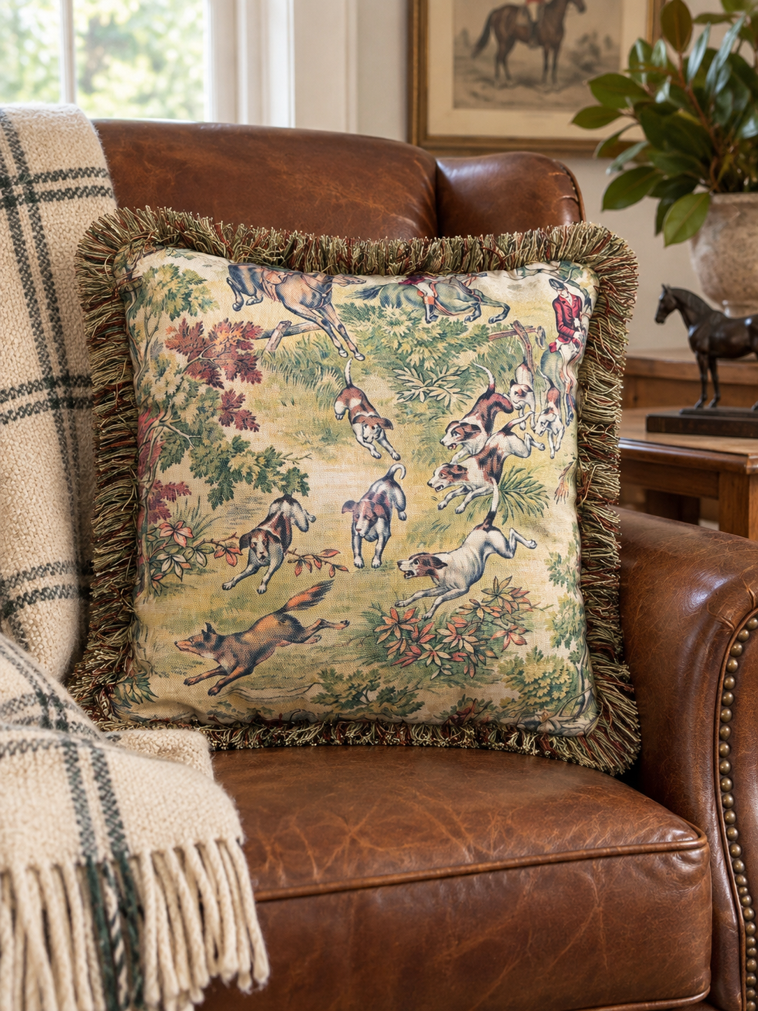 Vintage Hunt Scene Fringe Pillow