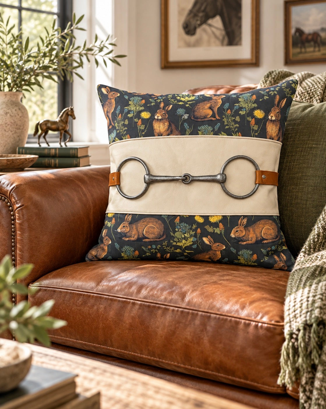 A horse bit held by cognac leather on a softly textured cream pillow