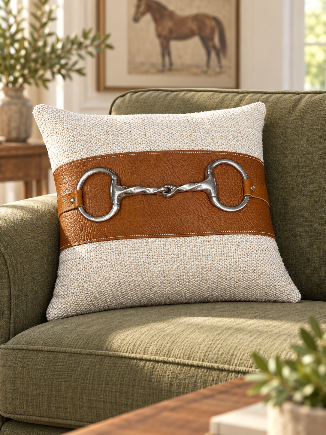Cognac Leather & Ivory Eggbutt Bit Pillow