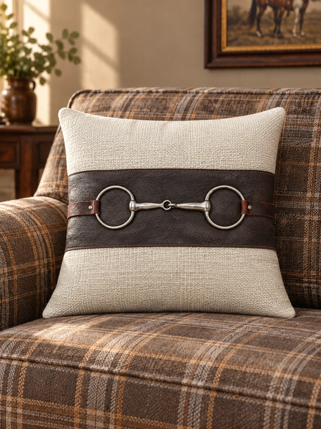 Cream bit pillow with a dark leather band on a plaid sofa